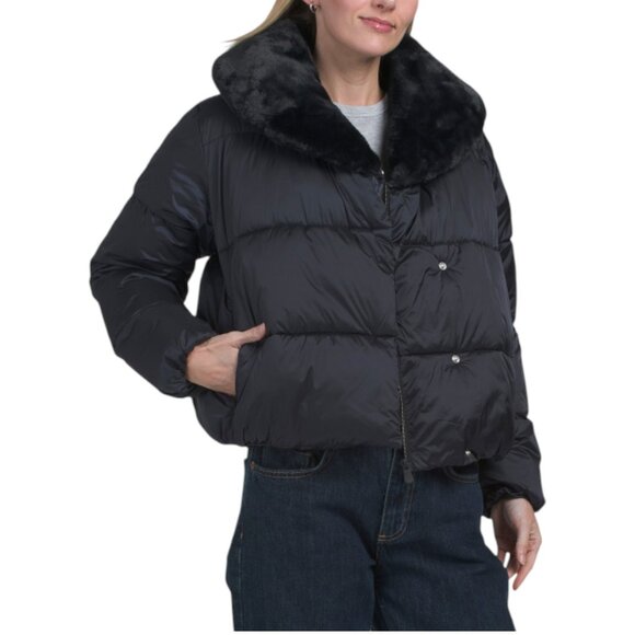 SAVE THE DUCK Black Mireille Shawl Collar Short Puffer Jacket